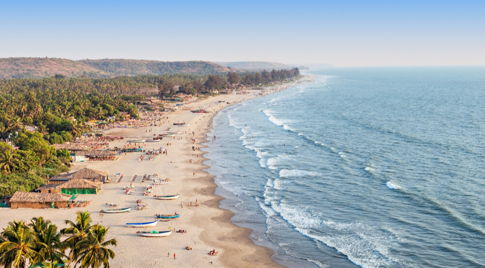 Beautiful Arambol beach aerial view landscape, Goa state in India